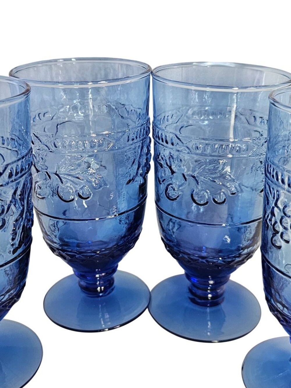 4 Mikasa Garden Harvest Blue Ice Tea Glasses 6.2" cobalt raised relief fruit ice - Picture 3 of 5